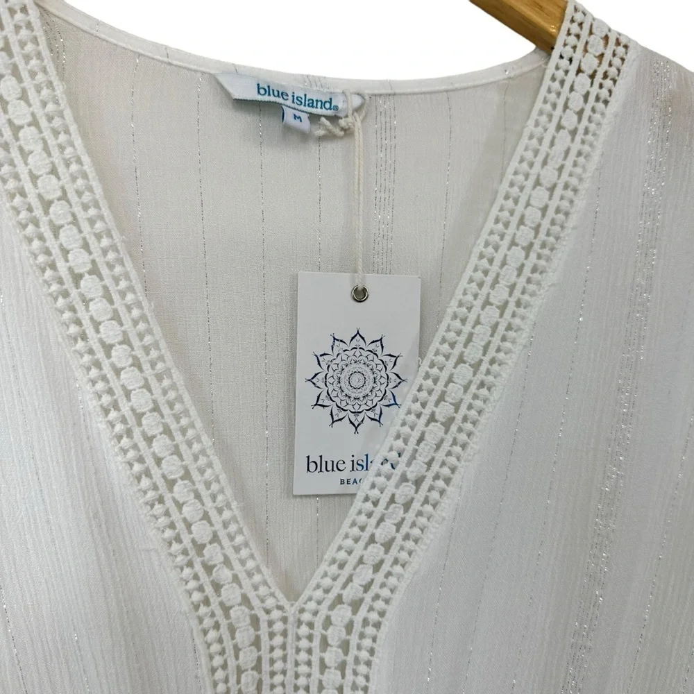 Blue Island Summer Sleeveless Swim Dress Coverup, White, Medium
